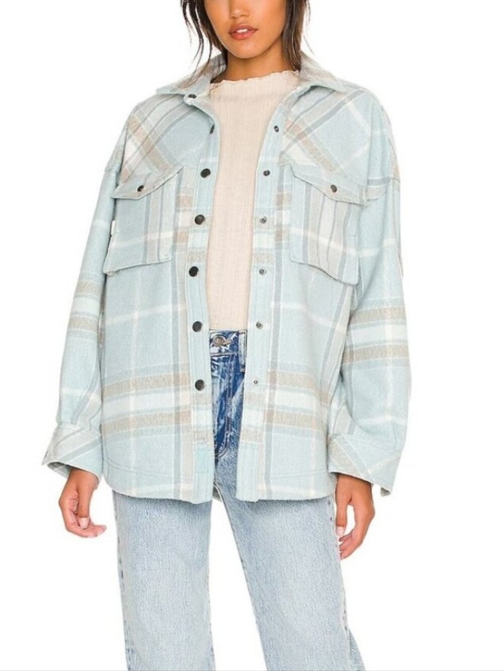 Free People Light Blue Plaid Utility Shacket